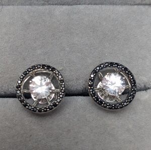 New White Zircon & Black Onyx Earrings 2‑in‑1 Spinning Halo Sterling Silver 925